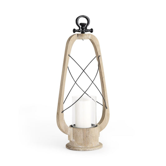 25" Brown Distressed Abstract Solid Wood And Metal Tabletop Lantern Candle Holder