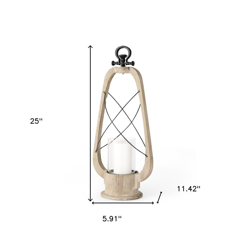 25" Brown Distressed Abstract Solid Wood And Metal Tabletop Lantern Candle Holder