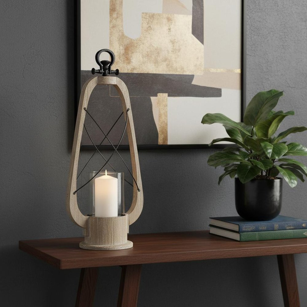 25" Brown Distressed Abstract Solid Wood And Metal Tabletop Lantern Candle Holder