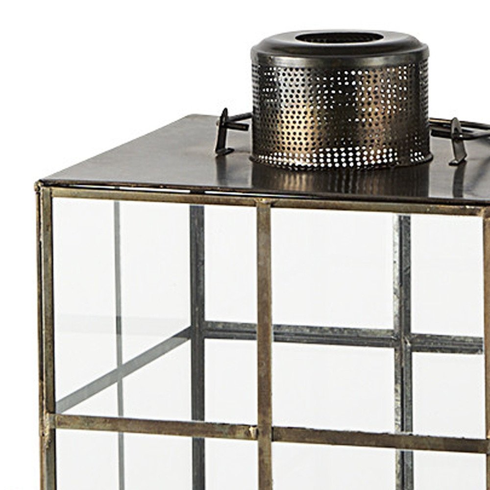 15" Gold Distressed Geometric Metal And Glass Tabletop Lantern Candle Holder