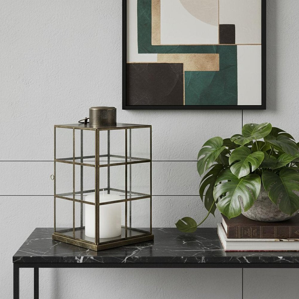 15" Gold Distressed Geometric Metal And Glass Tabletop Lantern Candle Holder