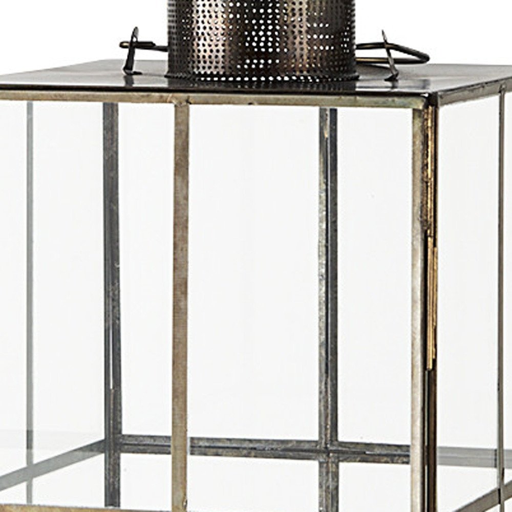 23" Gold Distressed Geometric Metal And Glass Tabletop Lantern Candle Holder