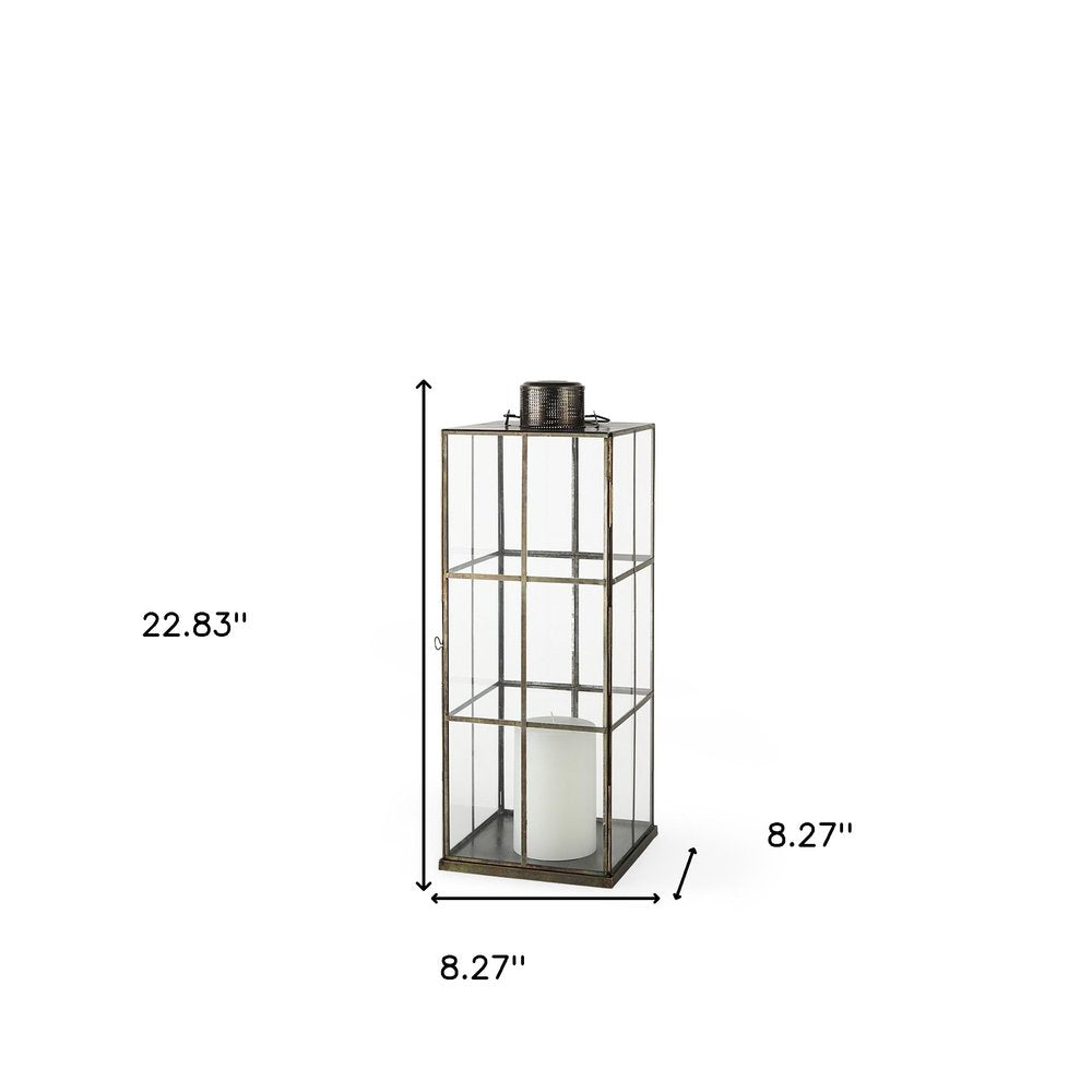 23" Gold Distressed Geometric Metal And Glass Tabletop Lantern Candle Holder
