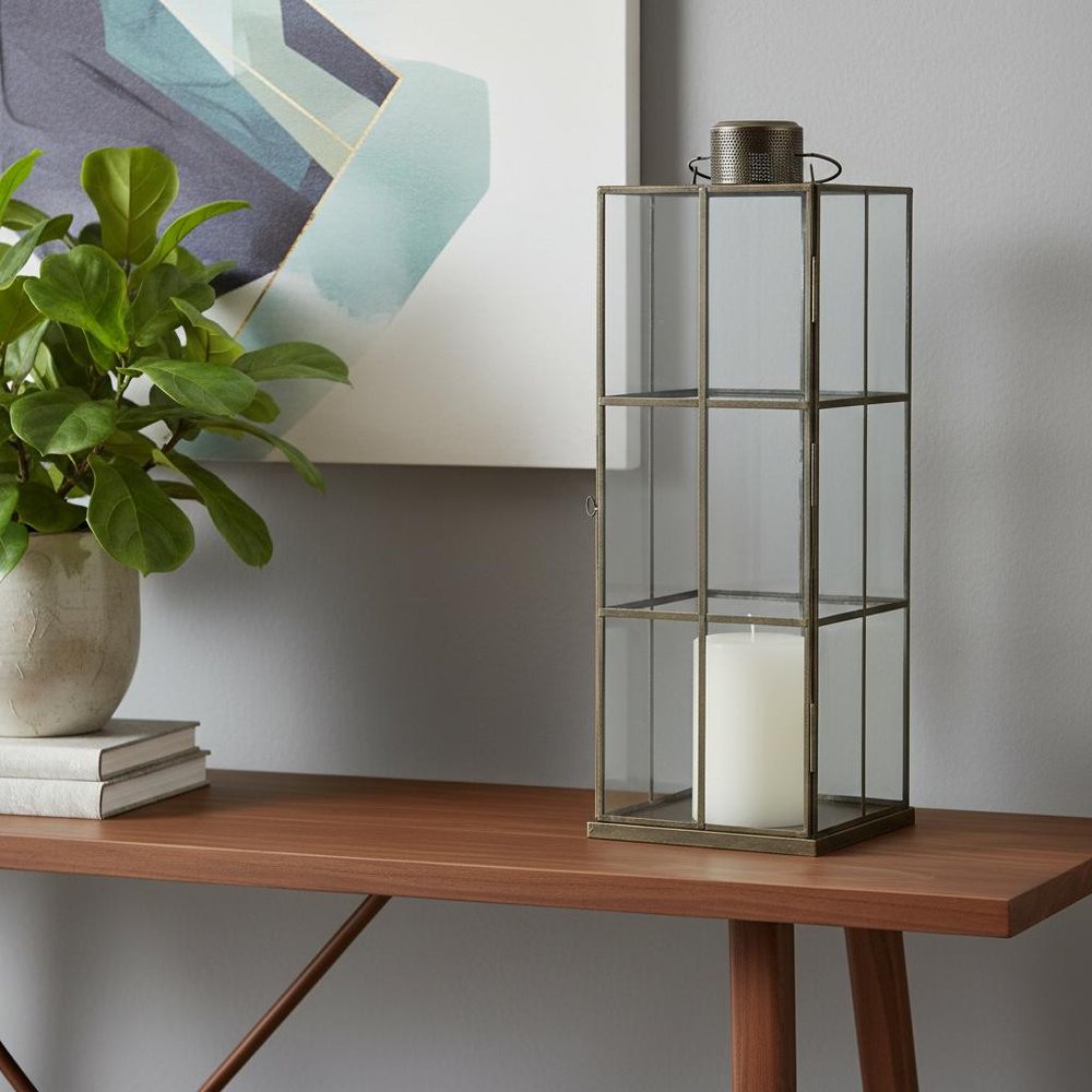 23" Gold Distressed Geometric Metal And Glass Tabletop Lantern Candle Holder