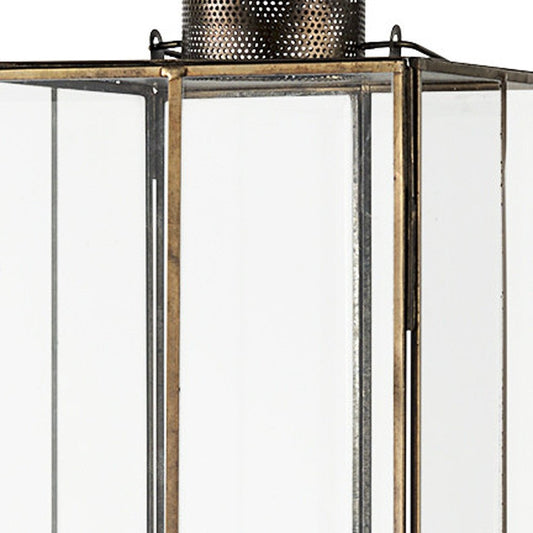 31" Gold Distressed Geometric Metal Tabletop Lantern Candle Holder