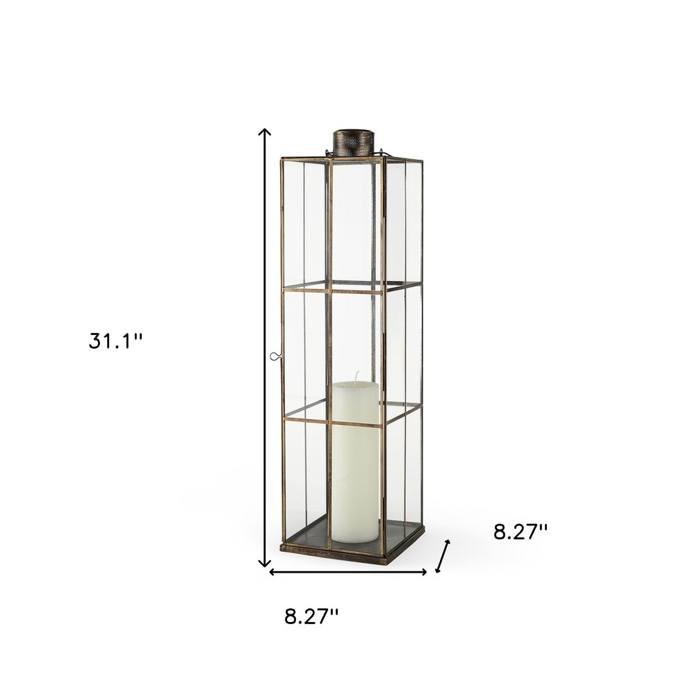 31" Gold Distressed Geometric Metal Tabletop Lantern Candle Holder