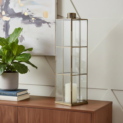 31" Gold Distressed Geometric Metal Tabletop Lantern Candle Holder