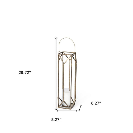 30" Gold Distressed Geometric Metal Tabletop Lantern Candle Holder