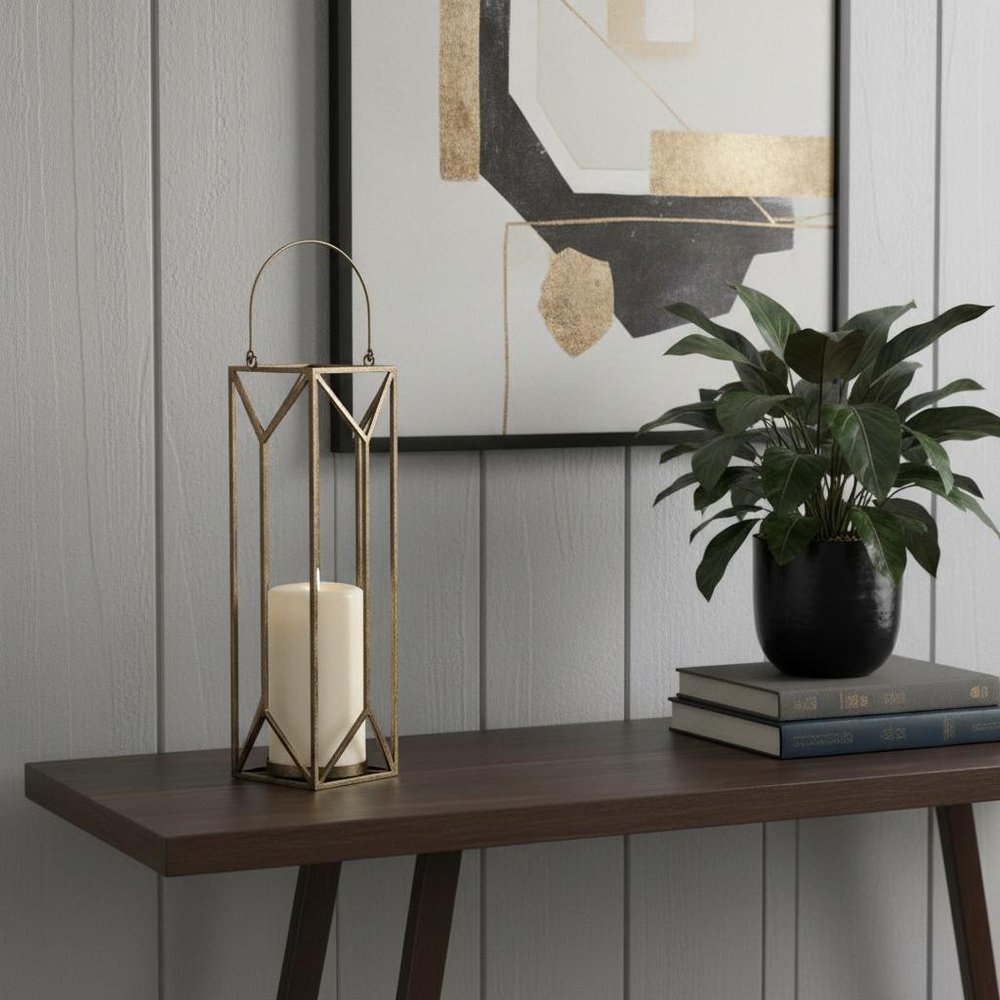 30" Gold Distressed Geometric Metal Tabletop Lantern Candle Holder