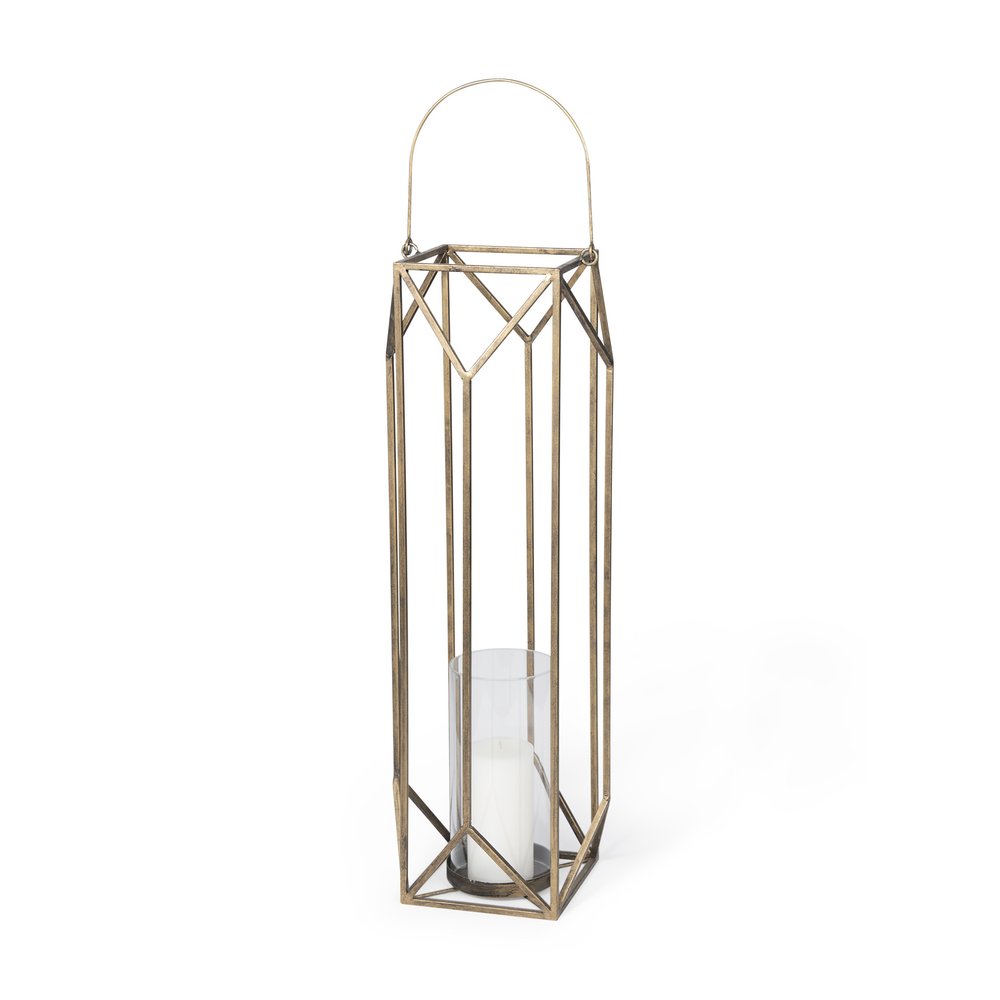 36" Gold Distressed Geometric Metal Tabletop Lantern Candle Holder