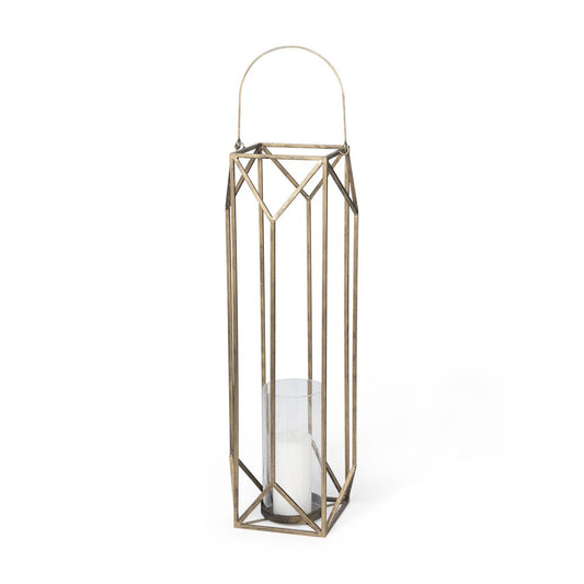 36" Gold Distressed Geometric Metal Tabletop Lantern Candle Holder