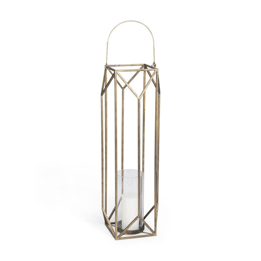 36" Gold Distressed Geometric Metal Tabletop Lantern Candle Holder