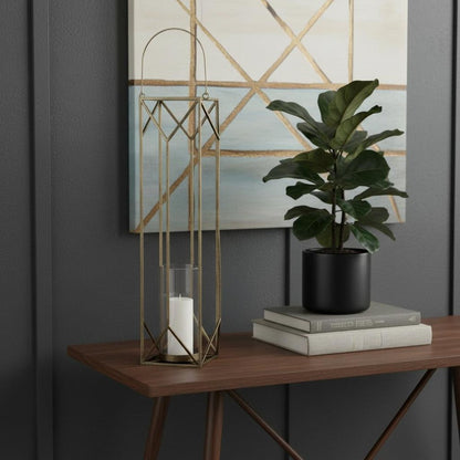 36" Gold Distressed Geometric Metal Tabletop Lantern Candle Holder