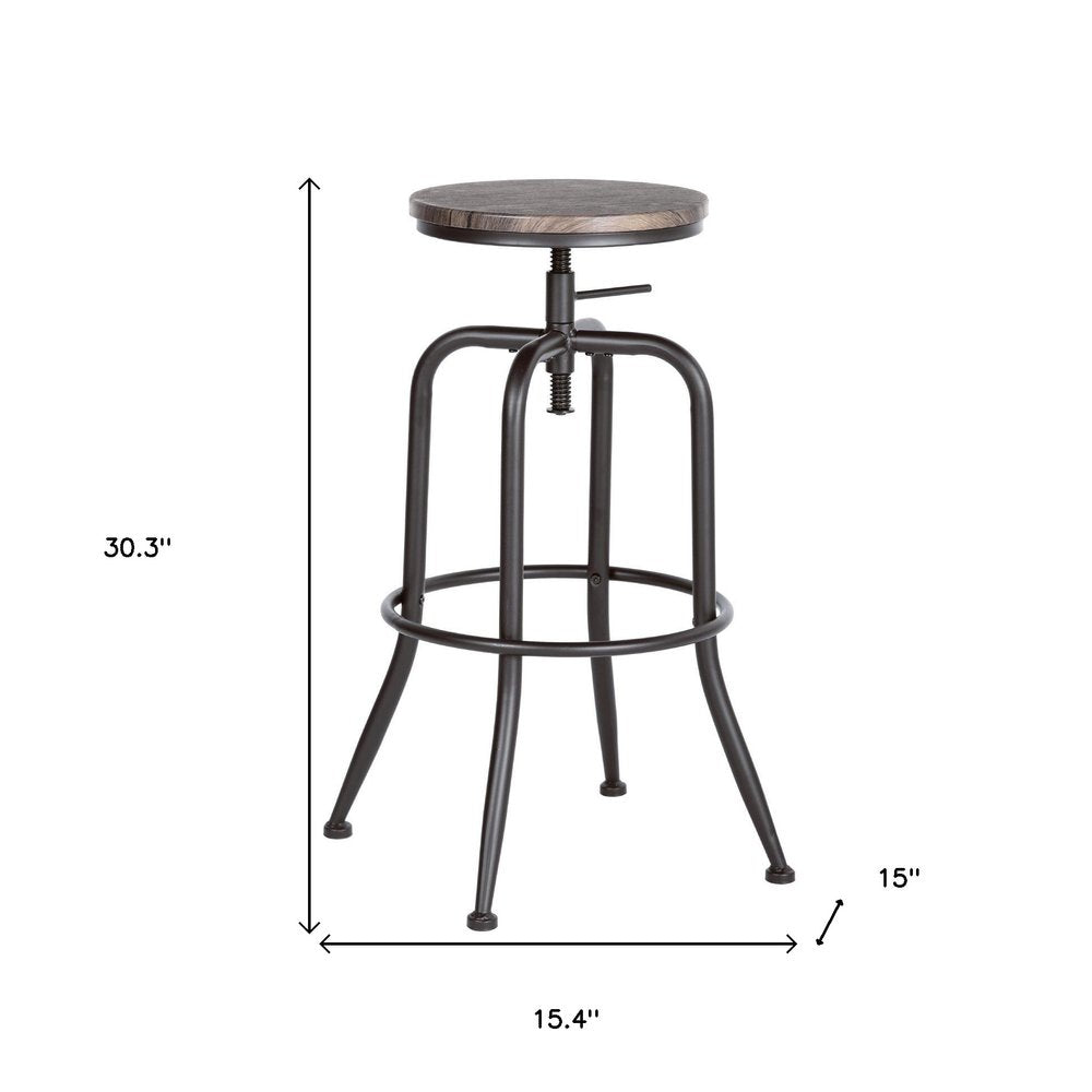 Set of Two Walnut and Black Wood and Iron Backless Adjustable Height Swivel Bar Chairs