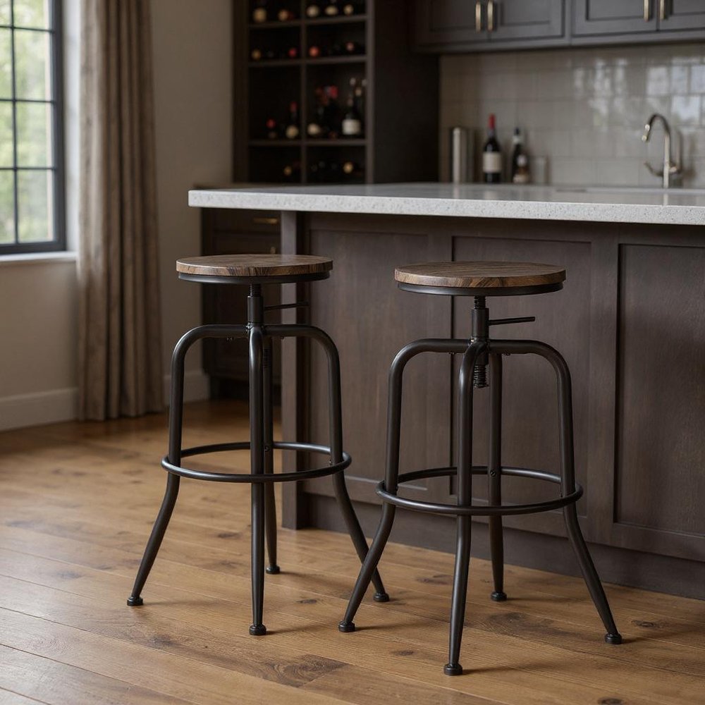 Set of Two Walnut and Black Wood and Iron Backless Adjustable Height Swivel Bar Chairs