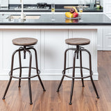 Set of Two Walnut and Black Wood and Iron Backless Adjustable Height Swivel Bar Chairs