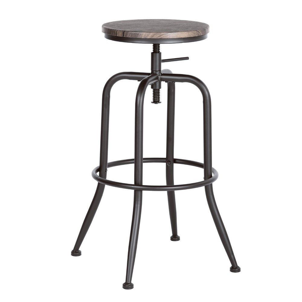 Set of Two Walnut and Black Wood and Iron Backless Adjustable Height Swivel Bar Chairs