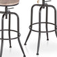Set of Two Walnut and Black Wood and Iron Backless Adjustable Height Swivel Bar Chairs