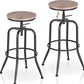 Set of Two Walnut and Black Wood and Iron Backless Adjustable Height Swivel Bar Chairs