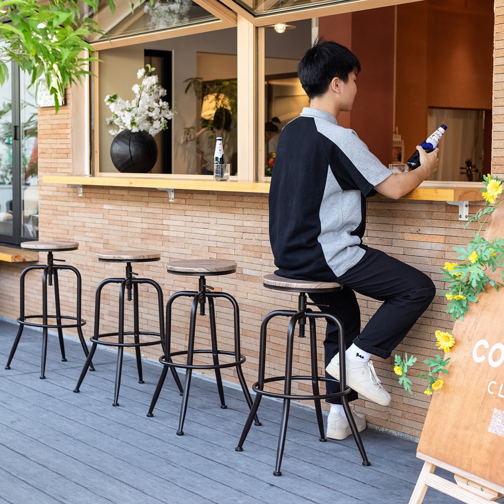 Set of Two Walnut and Black Wood and Iron Backless Adjustable Height Swivel Bar Chairs