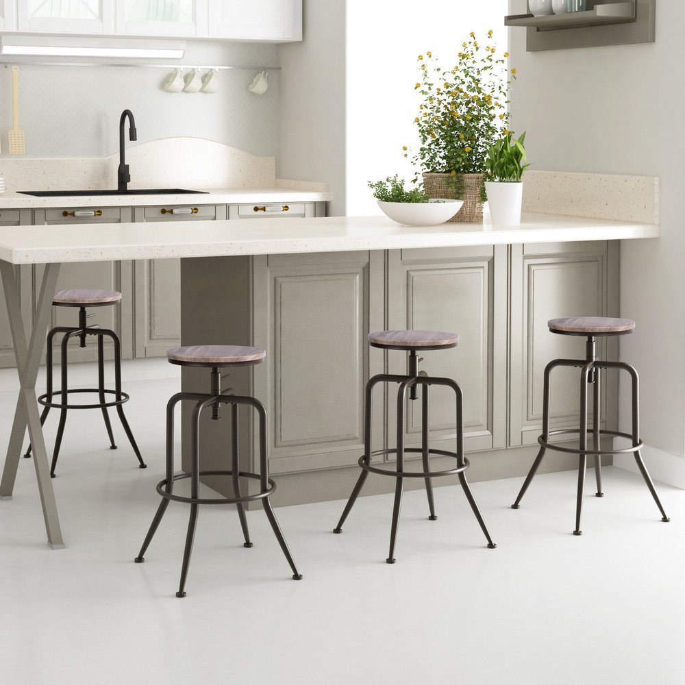 Set of Two Walnut and Black Wood and Iron Backless Adjustable Height Swivel Bar Chairs