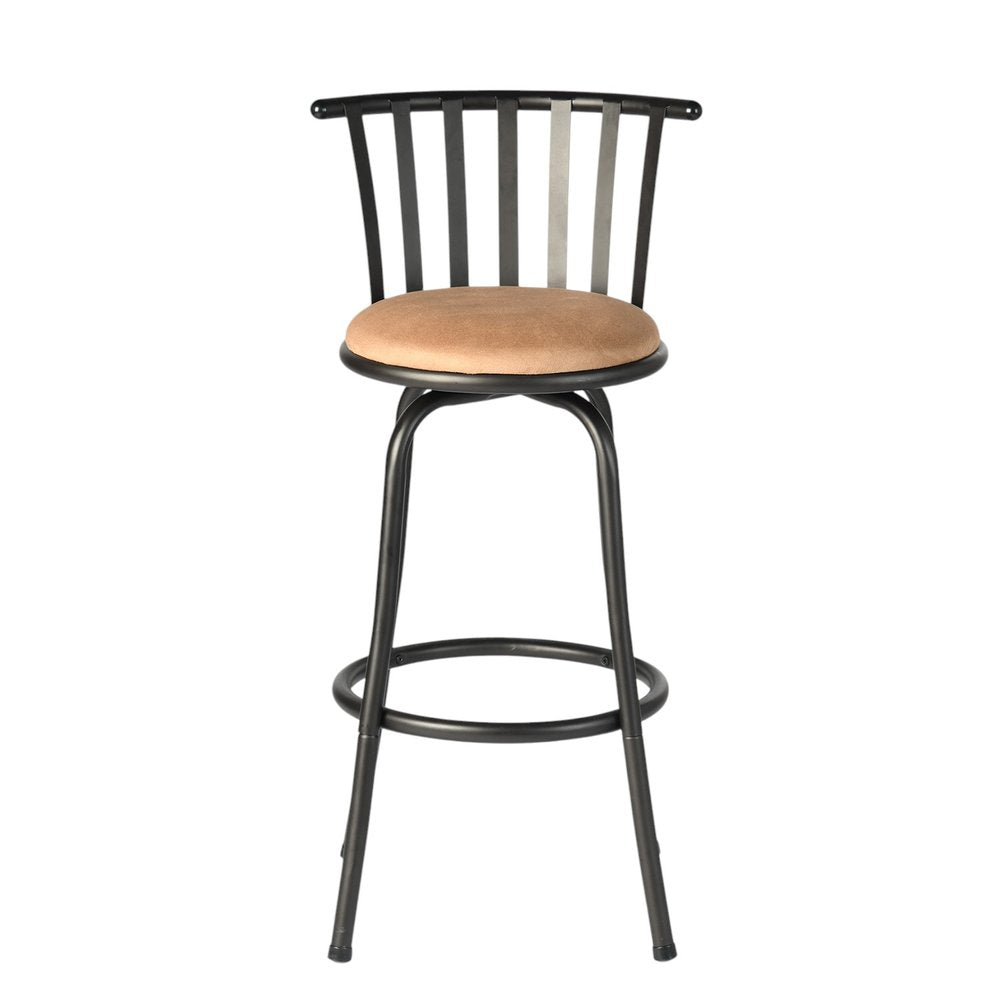 Khaki And Black Suede And Faux Leather And Metal Low Back Adjustable Height Swivel Bar Chair