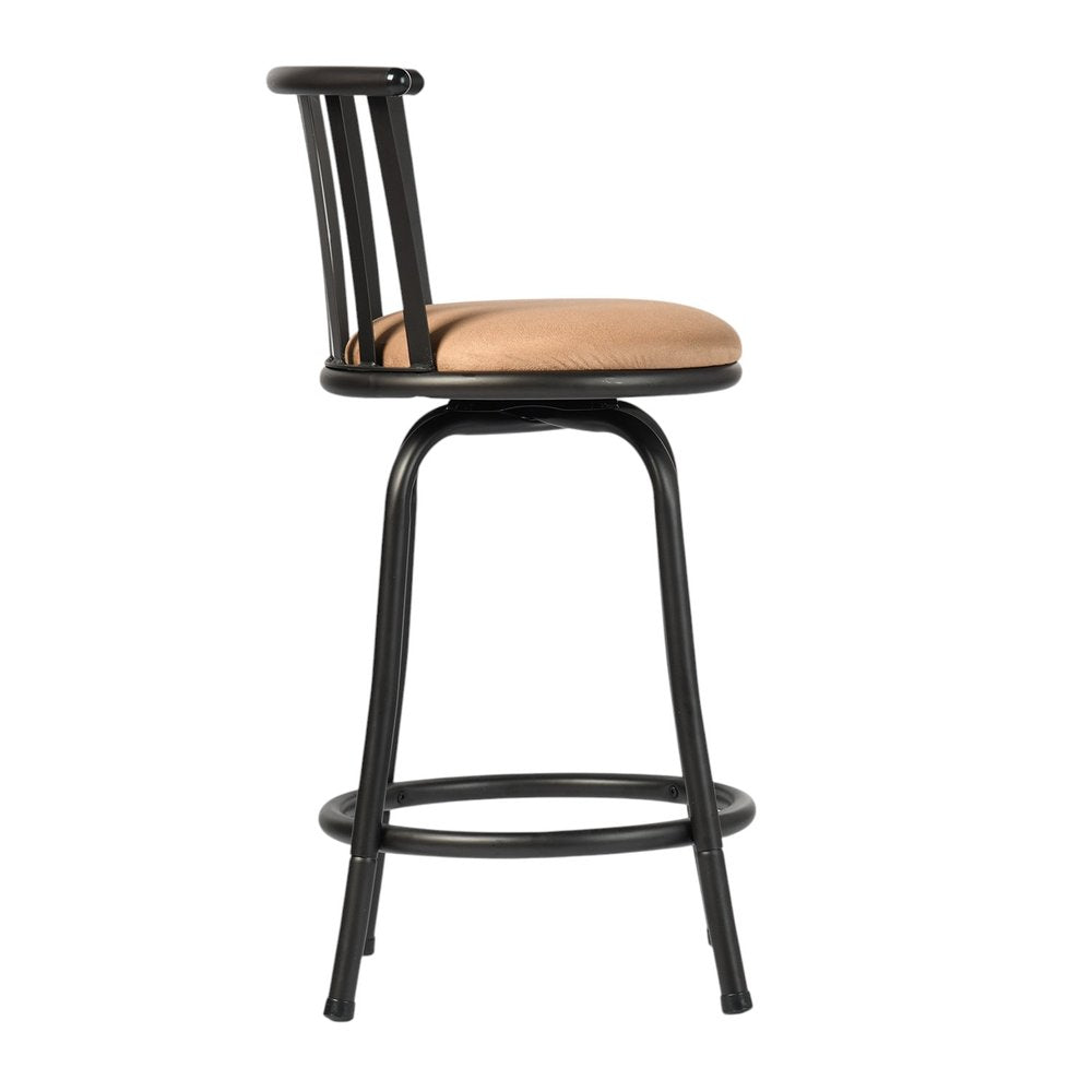 Khaki And Black Suede And Faux Leather And Metal Low Back Adjustable Height Swivel Bar Chair