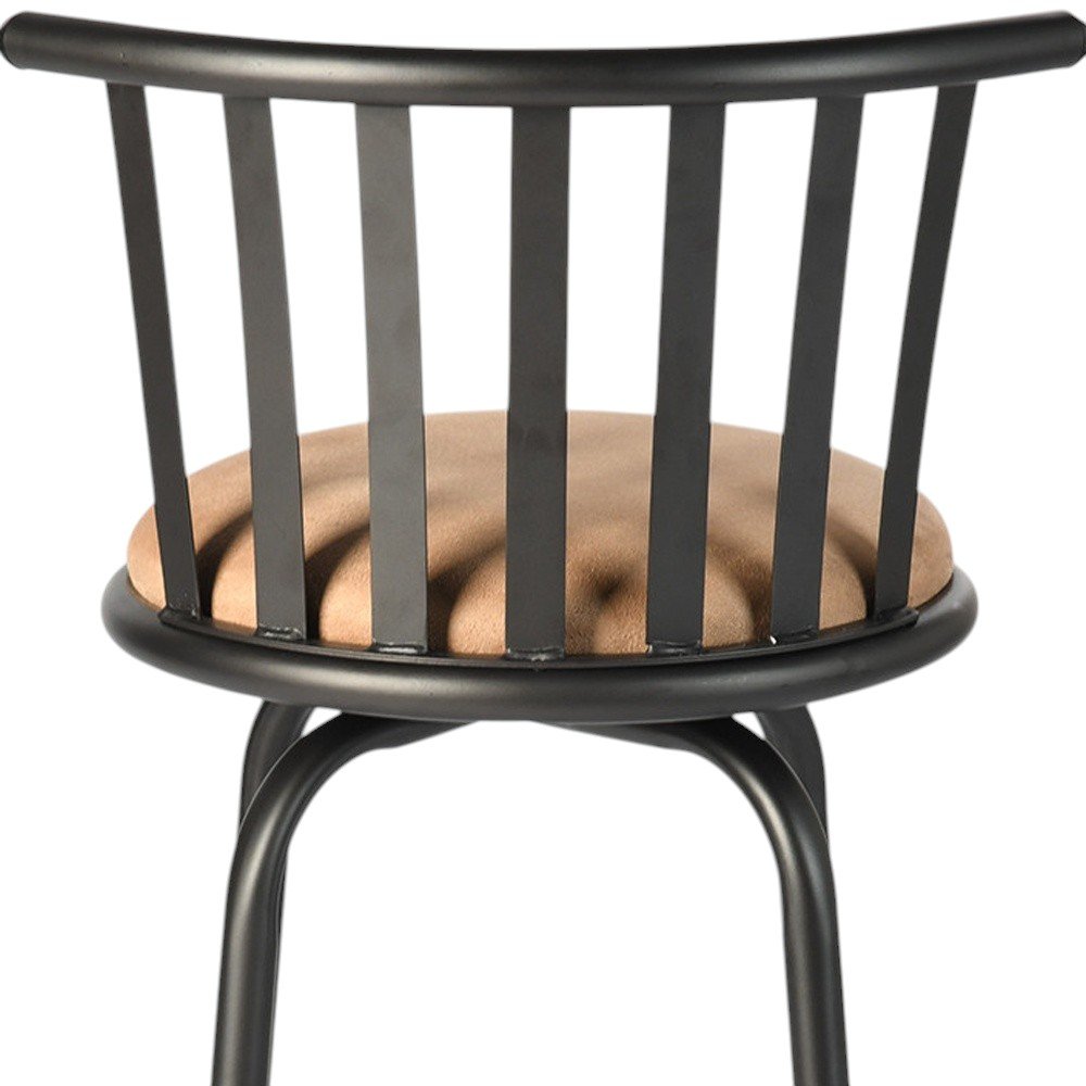 Khaki And Black Suede And Faux Leather And Metal Low Back Adjustable Height Swivel Bar Chair