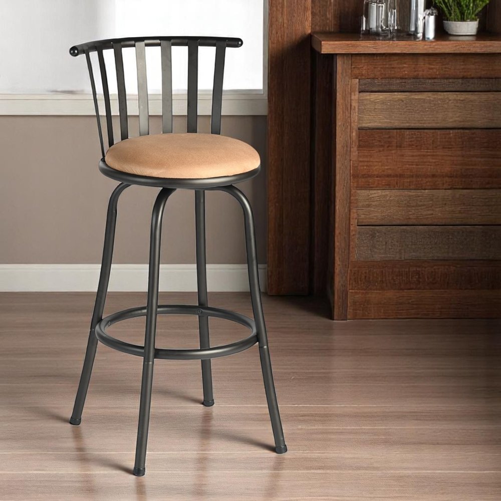 Khaki And Black Suede And Faux Leather And Metal Low Back Adjustable Height Swivel Bar Chair