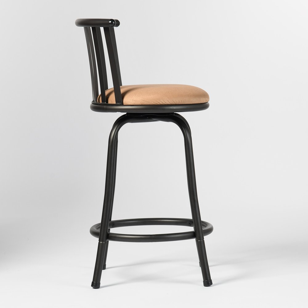 Khaki and Black Suede Faux Leather and Metal Low Back Adjustable Height Swivel Bar Chair