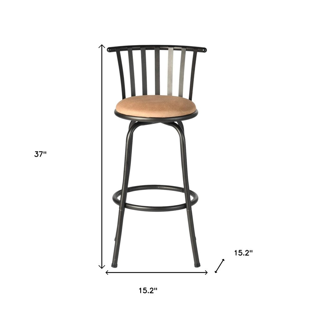 Khaki And Black Suede And Faux Leather And Metal Low Back Adjustable Height Swivel Bar Chair