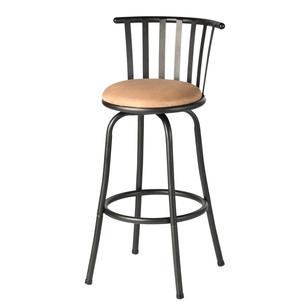 Set of Three Khaki and Black Suede Faux Leather and Iron Low Back Adjustable Height Swivel Bar Chairs