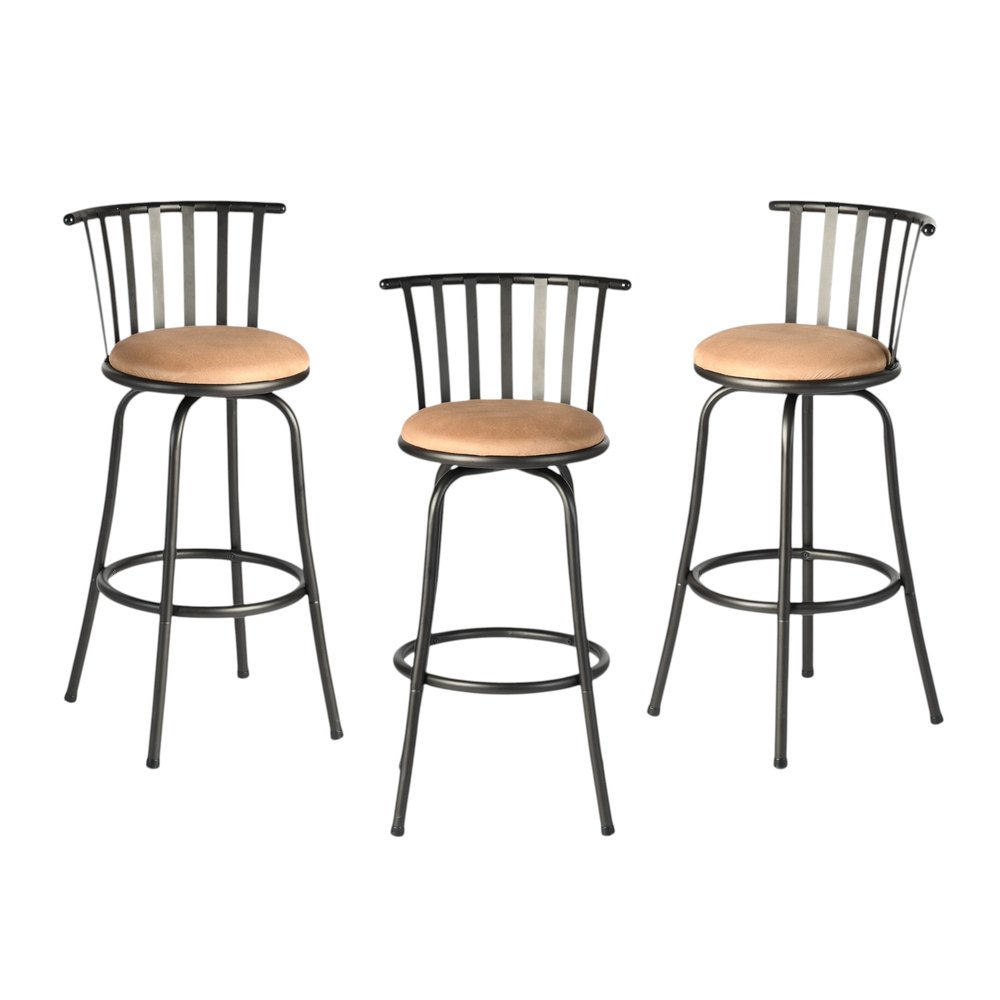 Set of Three Khaki and Black Suede Faux Leather and Iron Low Back Adjustable Height Swivel Bar Chairs
