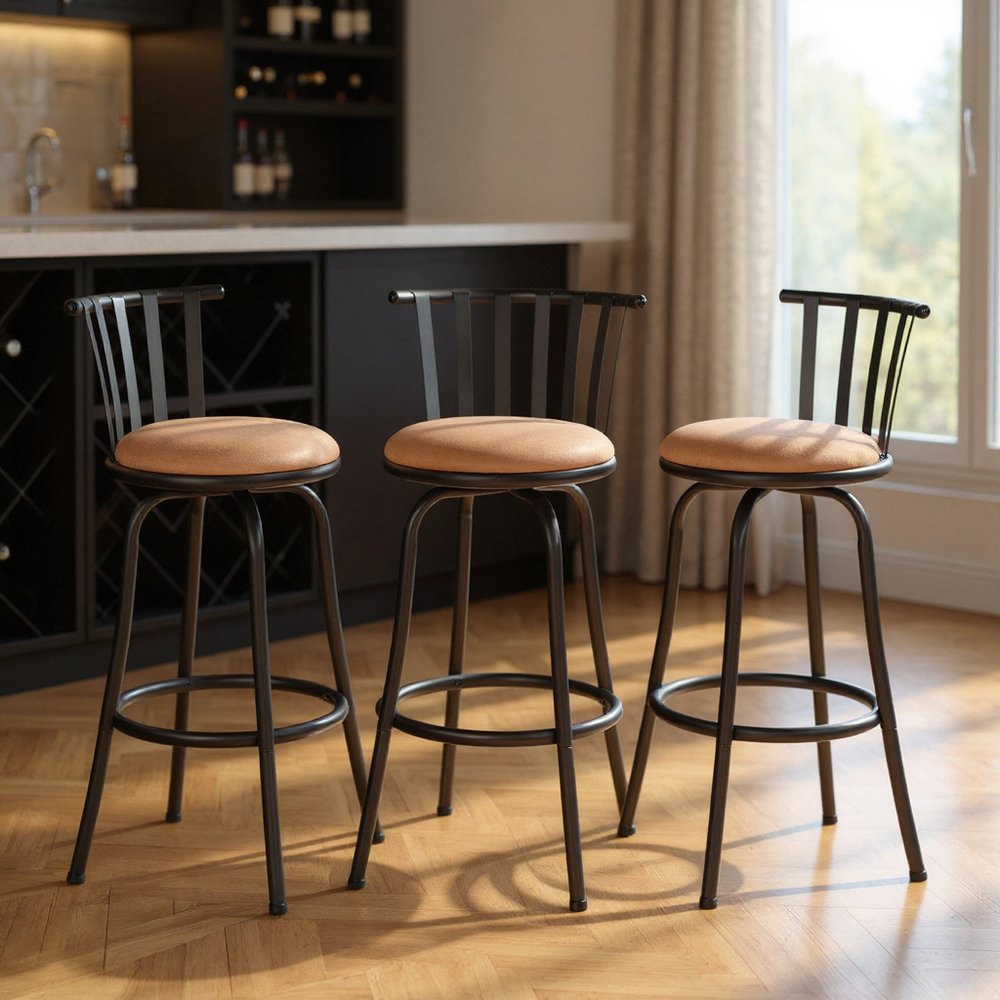 Set of Three Khaki and Black Suede Faux Leather and Iron Low Back Adjustable Height Swivel Bar Chairs