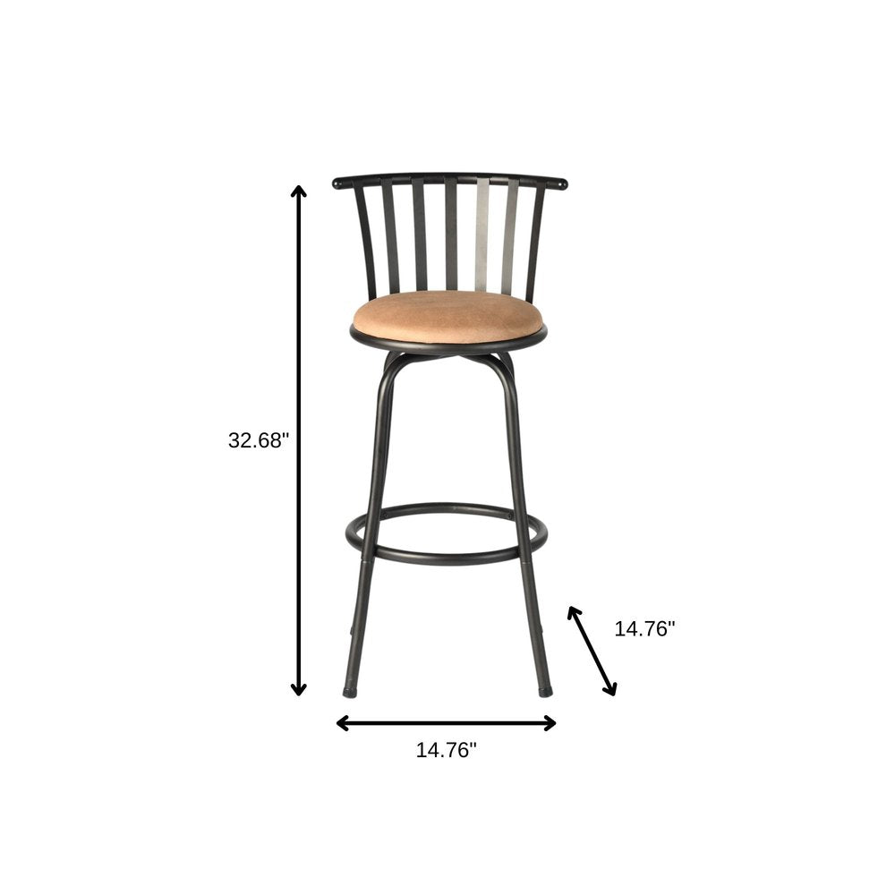Set of Three Khaki and Black Suede Faux Leather and Iron Low Back Adjustable Height Swivel Bar Chairs
