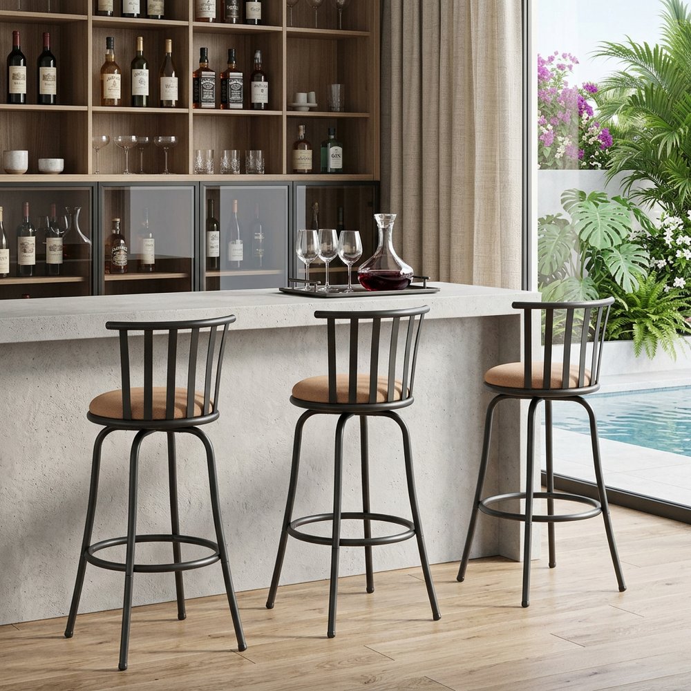 Set of Three Khaki and Black Suede Faux Leather and Iron Low Back Adjustable Height Swivel Bar Chairs