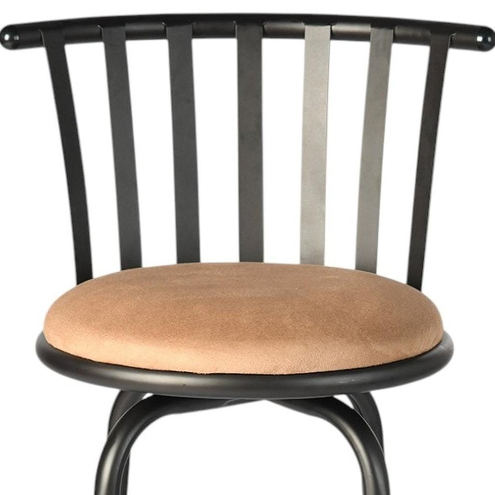 Set of Three Khaki and Black Suede Faux Leather and Iron Low Back Adjustable Height Swivel Bar Chairs