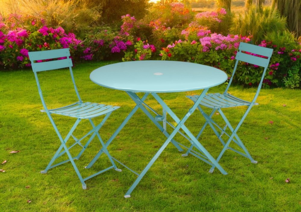Three Piece Teal Blue Round Metal Dining Set with Two Chairs