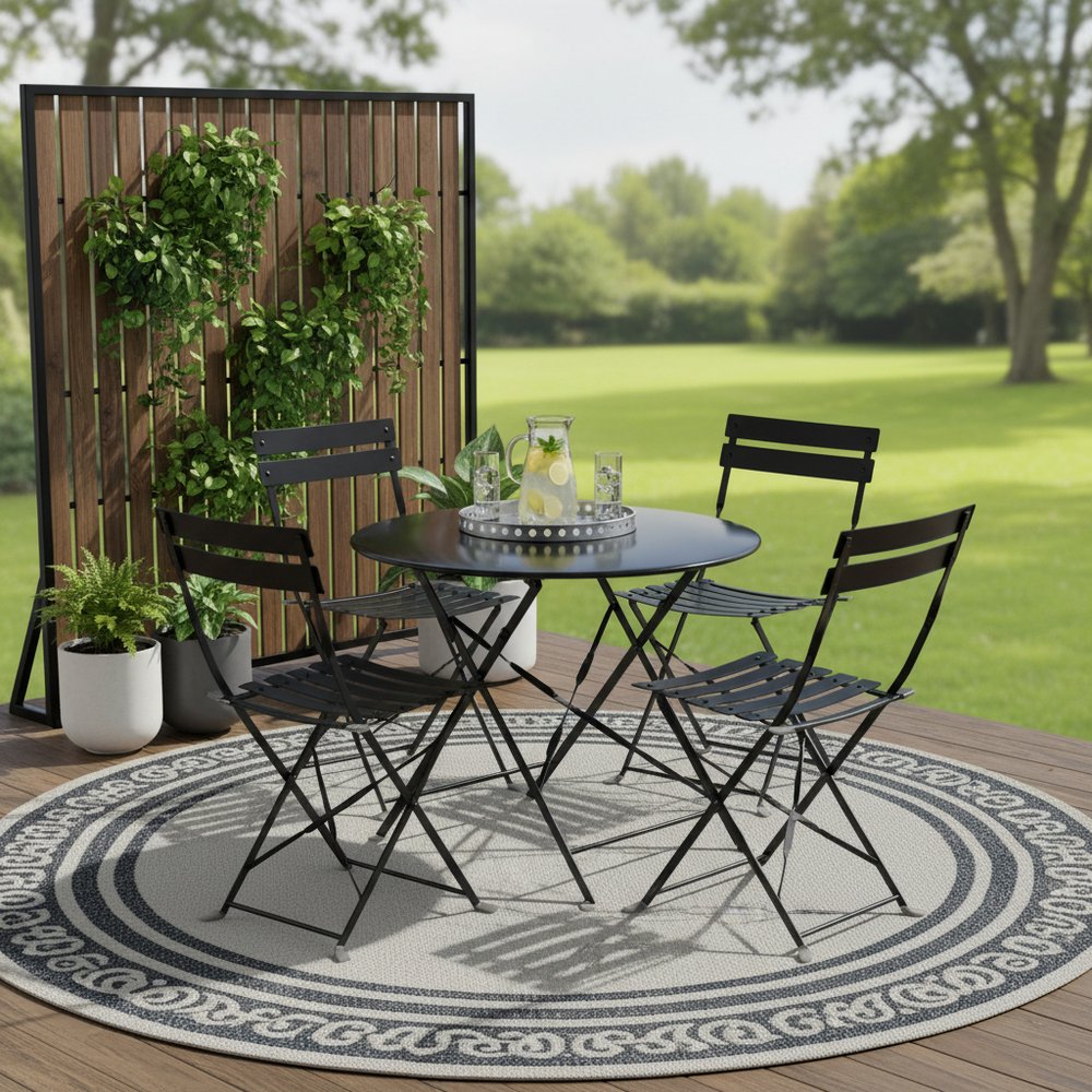 Five Piece Black Round Metal Dining Set with Four Chairs