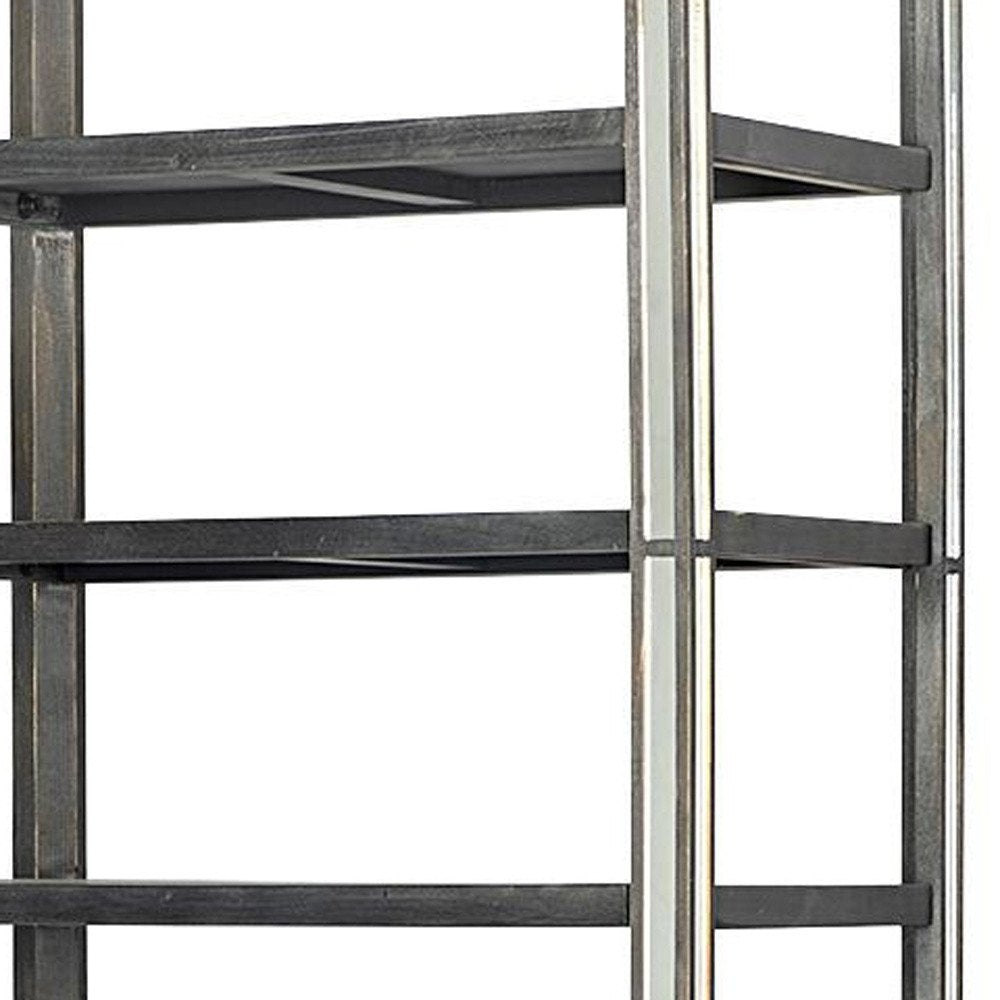 32" Dark Brown Solid Wood and Mirrored Glass Four Tier Bookcase with Three Drawers