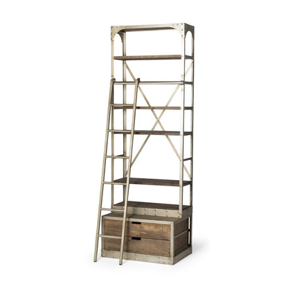 32" Light Brown And Nickel Metal and Solid Wood Six Tier Library Bookcase with Two Drawers
