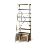 32" Light Brown And Nickel Metal and Solid Wood Six Tier Library Bookcase with Two Drawers