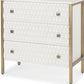 32" White and Gold Wood and Metal Carved Geometric Accent Cabinet With Three Drawers