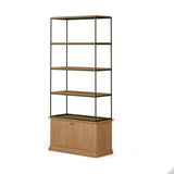42" Antiqued Brass And Light Brown Distressed Metal and Solid Wood Four Tier Bookcase with Two Doors