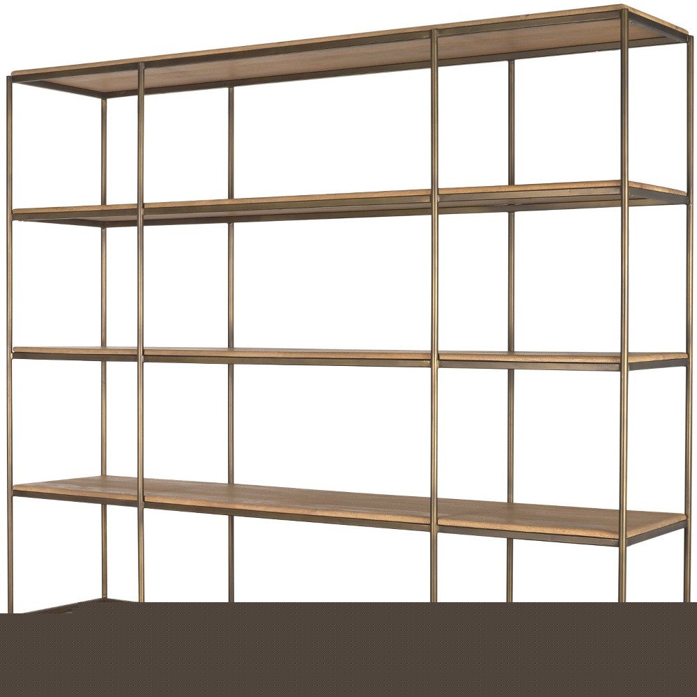 82" Antiqued Brass And Light Brown Distressed Metal and Solid Wood Three Tier Bookcase with Four Doors