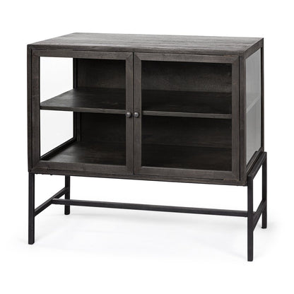 36" Brown and Black Solid Wood and Metal Display Cabinet With Two Doors
