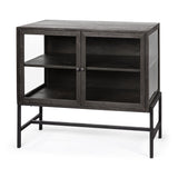 36" Brown and Black Solid Wood and Metal Display Cabinet With Two Doors