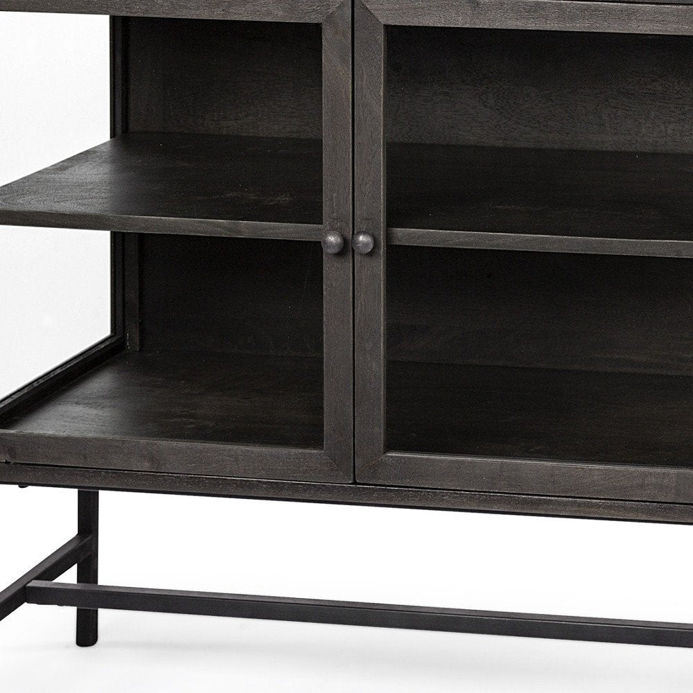 36" Brown and Black Solid Wood and Metal Display Cabinet With Two Doors