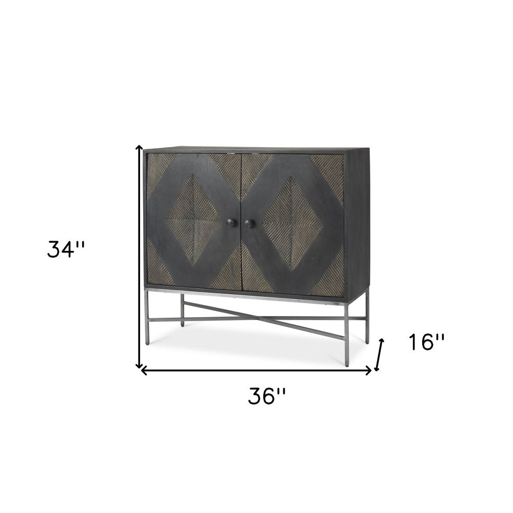 36" Dark Brown and Silver Solid Wood and Iron Carved Geometric Accent Cabinet With Two Doors