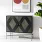 36" Dark Brown and Silver Solid Wood and Iron Carved Geometric Accent Cabinet With Two Doors